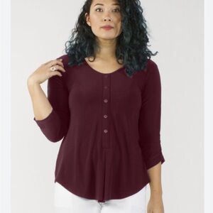 Sympli Burgundy V-Neck button front Top with ruched button sleeve cuff